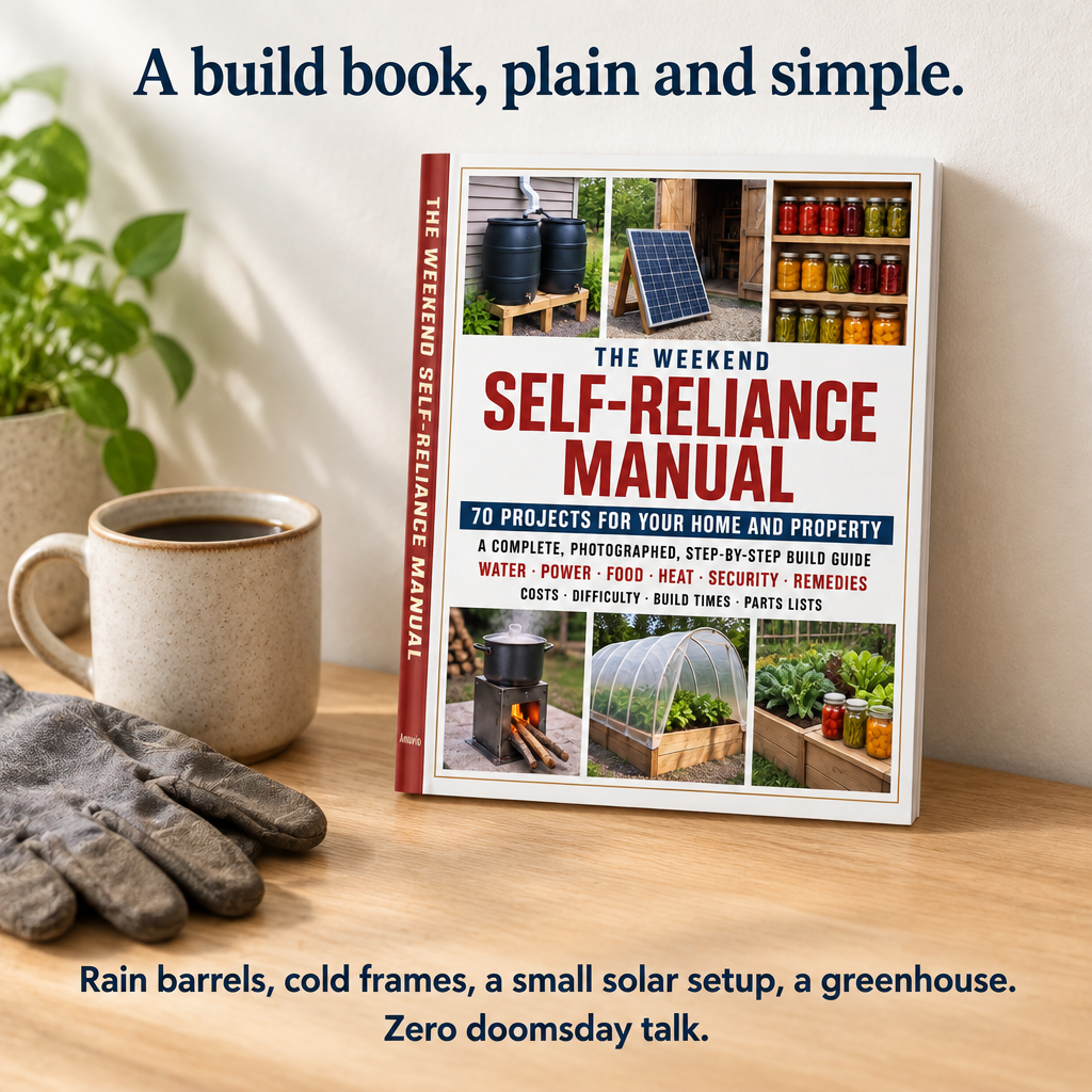 A build book, plain and simple: rain barrels, cold frames, a small solar setup, a greenhouse.