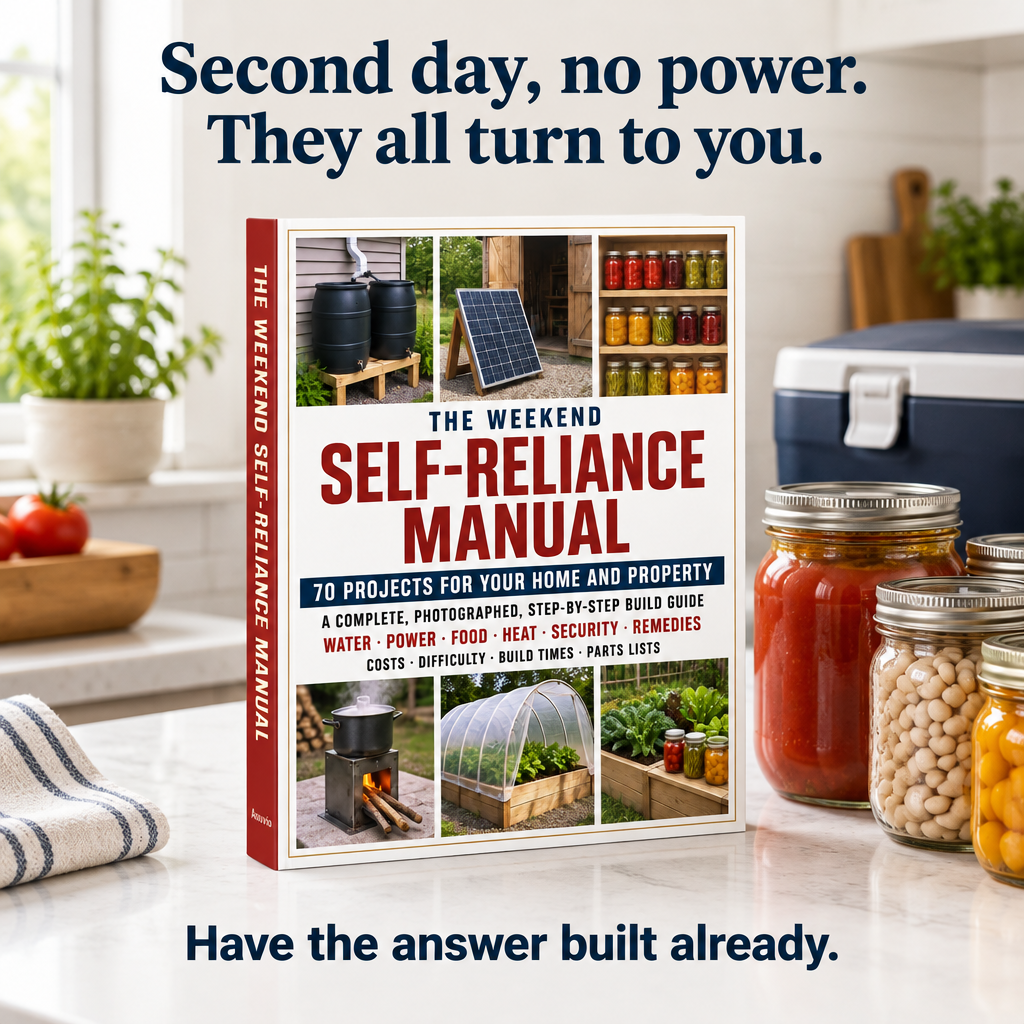 The book on a kitchen counter with preserved food jars. Second day with no power, have the answer built already.