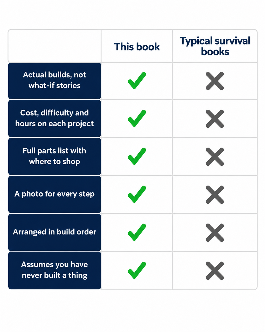 Comparison table: this book has actual builds, cost, difficulty and hours on each project, a full parts list, a photo for every step, build order, and assumes no experience; typical survival books do not.