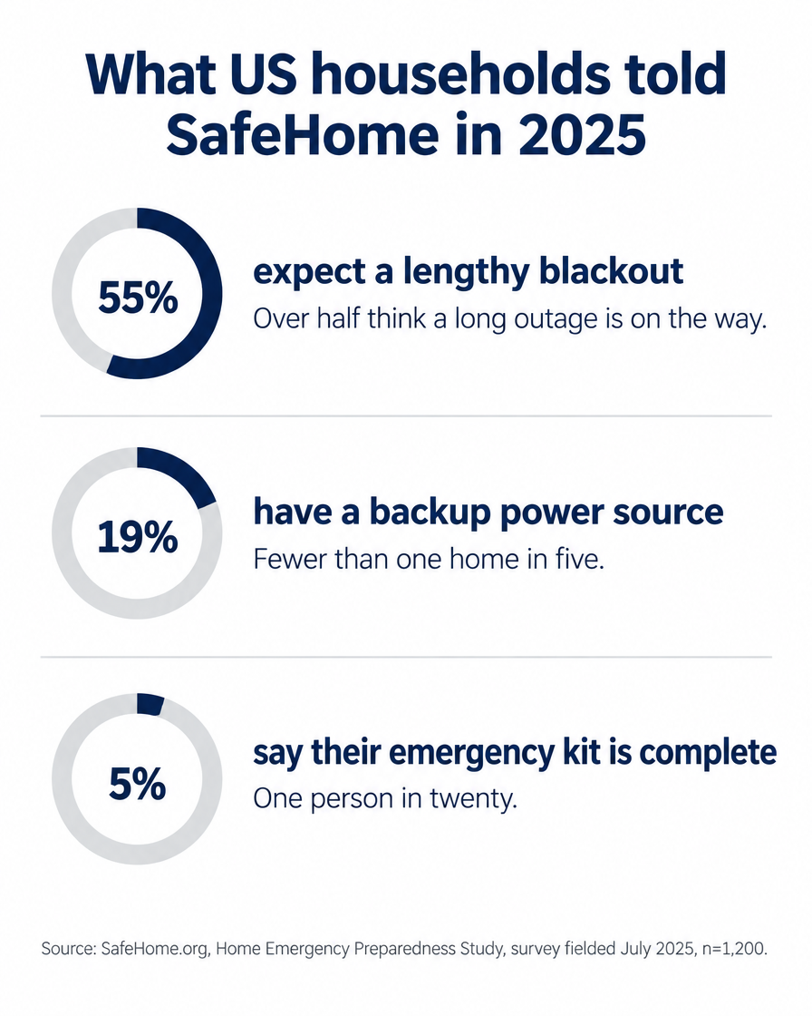 SafeHome 2025 survey of 1,200 US adults: 55% expect a lengthy blackout, 19% have a backup power source, 5% say their emergency kit is complete.